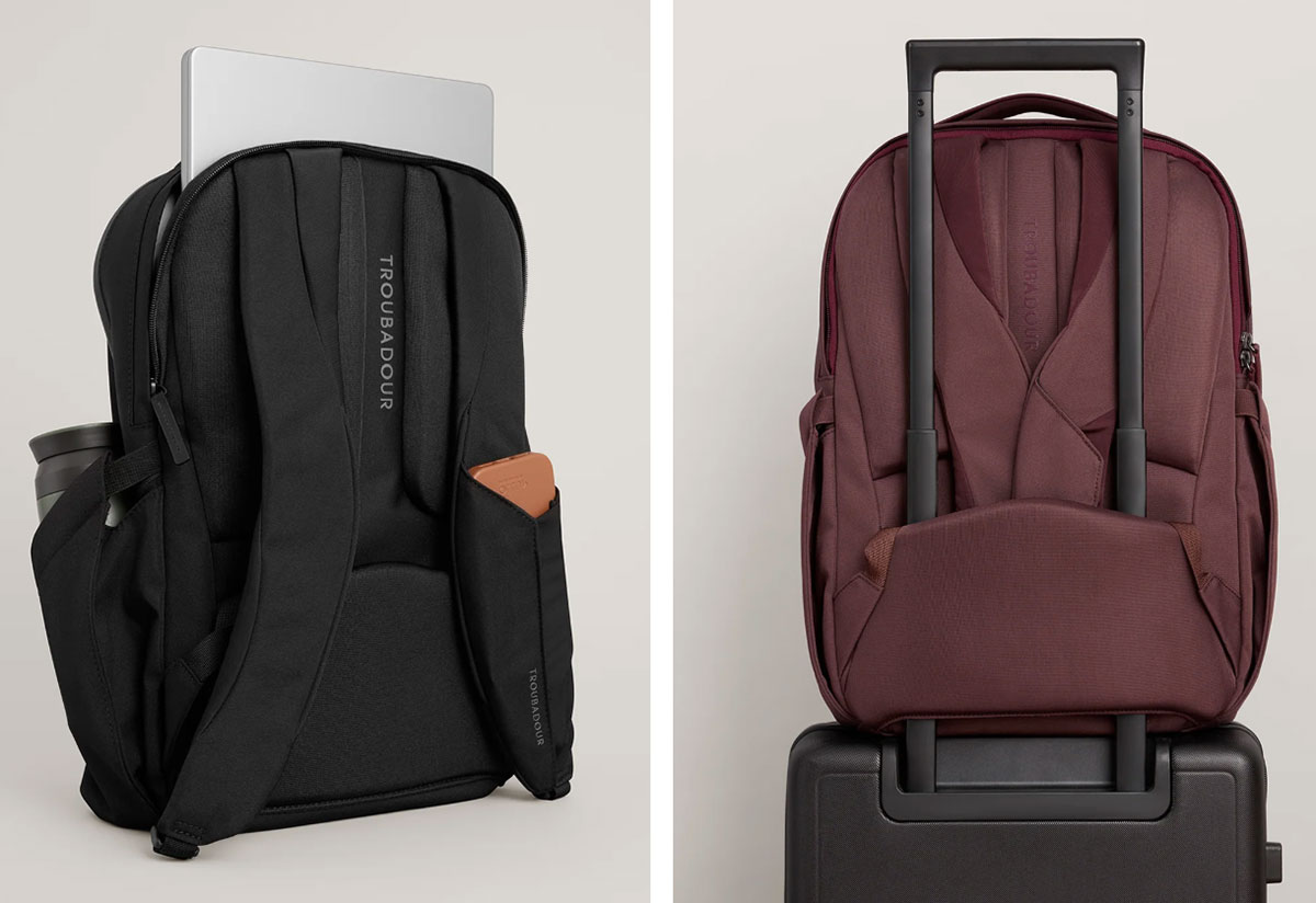 Troubadour Apex 4.0 backpack back straps and luggage